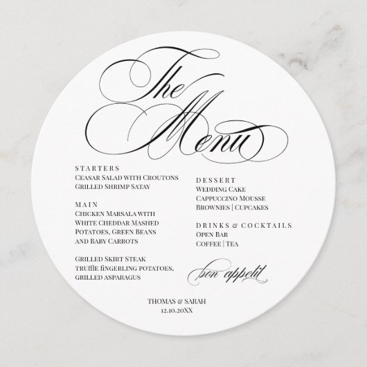 Elegant font modern Wedding Menu メニュー (正面)