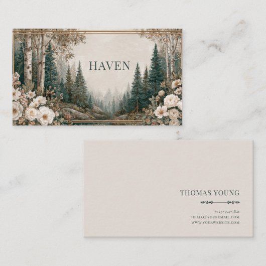 Elegant Forest Gold Frame Pine Birch Floral 名刺 (正面/裏面)