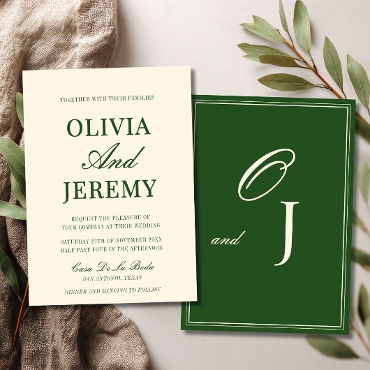 Elegant Forest Green & Cream Old Money Wedding 招待状