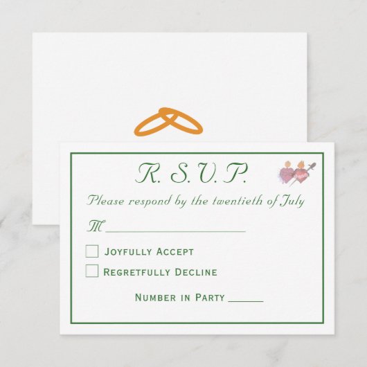 Elegant Forest Green Two Hearts Catholic Wedding  出欠カード (正面/裏面)