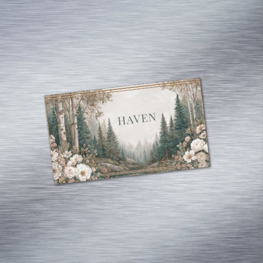 Elegant Forest Landscape White Peony Gold Frame マグネット名刺 (インサイチュ)