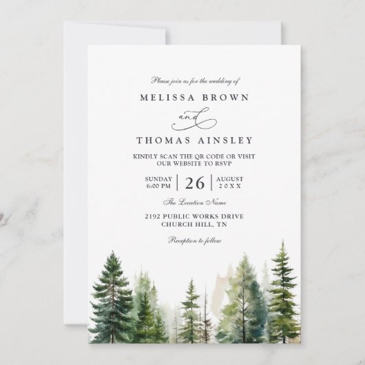 Elegant forest minimalist pine qr code wedding 招待状 (正面)