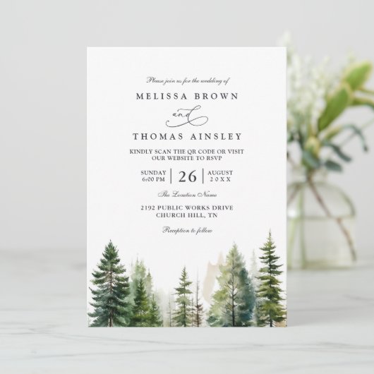 Elegant forest minimalist pine qr code wedding 招待状 (スタンド正面)