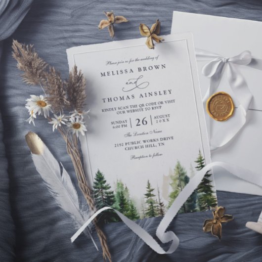 Elegant forest minimalist pine qr code wedding 招待状