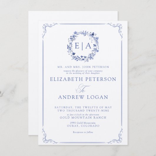 Elegant Formal Calligraphy Floral Wreath Wedding 招待状 (正面/裏面)