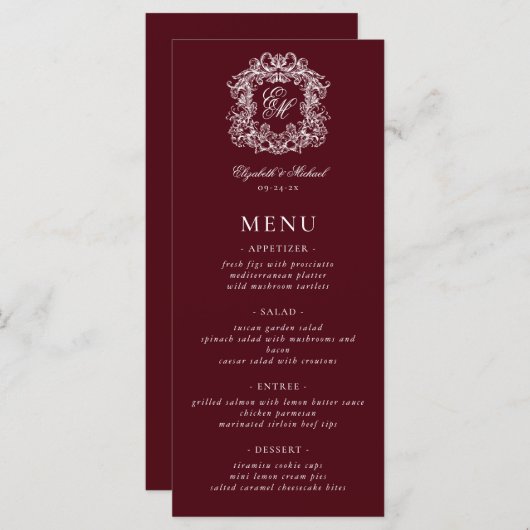 Elegant Formal Monogram Crest Burgundy Wedding メニュー (正面/裏面)