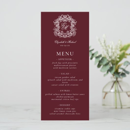 Elegant Formal Monogram Crest Burgundy Wedding メニュー (スタンド正面)