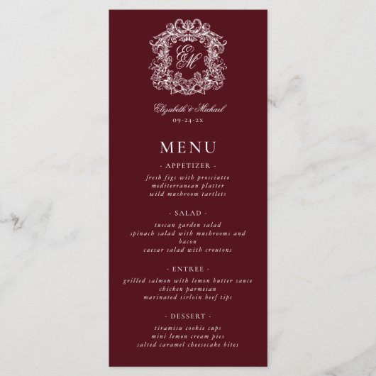 Elegant Formal Monogram Crest Burgundy Wedding メニュー (正面)