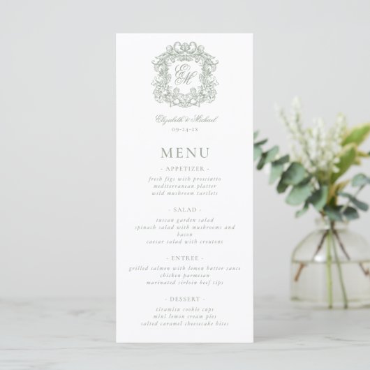 Elegant Formal Monogram Crest Sage Green Wedding メニュー (スタンド正面)