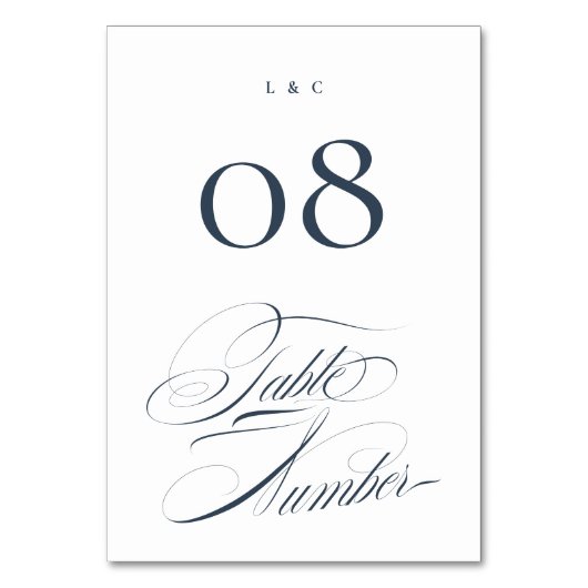 Elegant Formal Navy on White Calligraphy Wedding テーブルナンバー (正面)