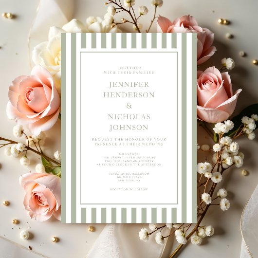 Elegant Formal Stripes Sage Green Wedding 招待状