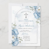 Elegant Frame Blue Floral First Holy Communion  招待状 (正面)