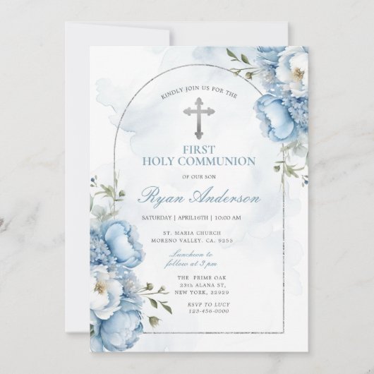 Elegant Frame Blue Floral First Holy Communion  招待状 (正面)