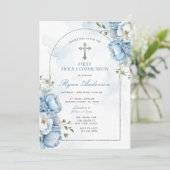 Elegant Frame Blue Floral First Holy Communion  招待状 (スタンド正面)