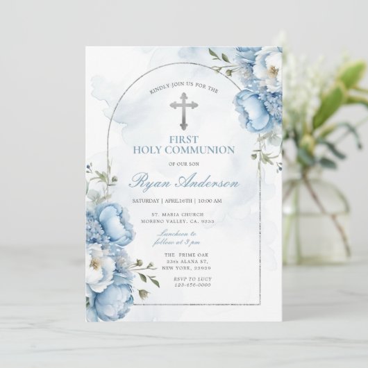 Elegant Frame Blue Floral First Holy Communion  招待状 (スタンド正面)