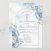 Elegant Frame Blue Floral First Holy Communion  招待状 (正面/裏面)
