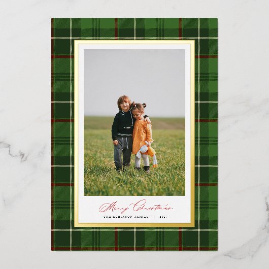 Elegant Frame Green Plaid Christmas Foil Card 箔招待状 (正面)