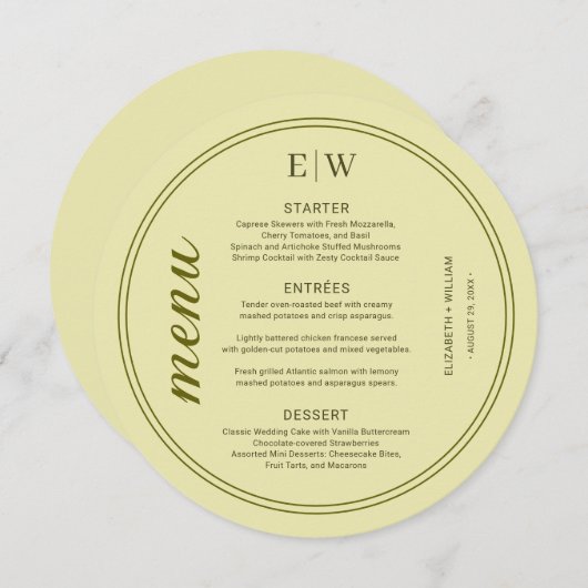 Elegant Frame on Celestial Yellow Monogram Wedding メニュー (正面/裏面)