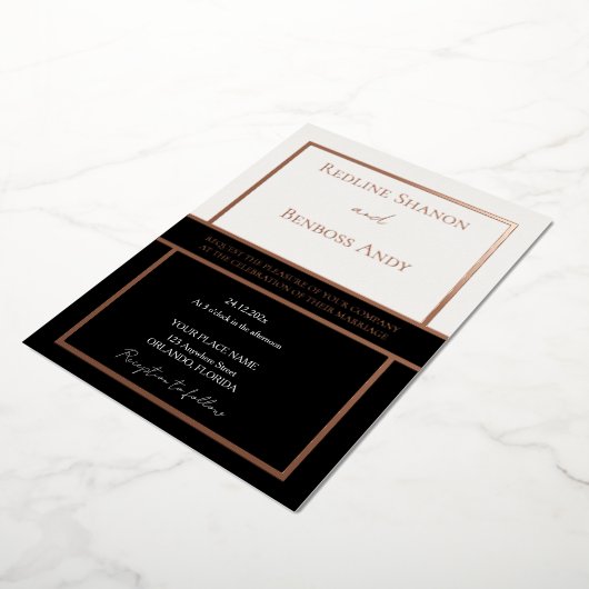 Elegant Framed Ivory & Black Design Gold Rose 箔招待状 (回転した状態)