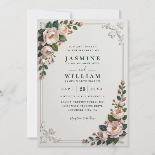 Elegant Framed Peonies Elegant QR Code Wedding 招待状 (正面)