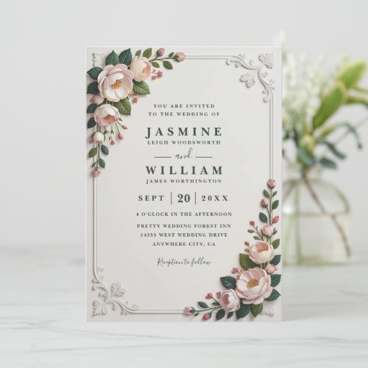 Elegant Framed Peonies Elegant QR Code Wedding 招待状 (スタンド正面)