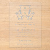 Elegant French Blue Floral Crest Monogram Wedding アクリル招待状 (正面)