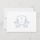 Elegant French Blue Floral Crest Monogram Wedding 出欠カード (裏面)