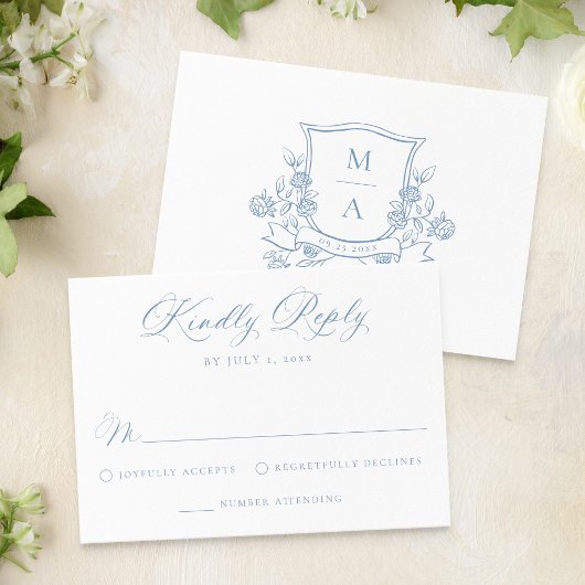 Elegant French Blue Floral Crest Monogram Wedding 出欠カード