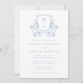 Elegant French Blue Floral Crest Monogram Wedding 招待状 (正面)