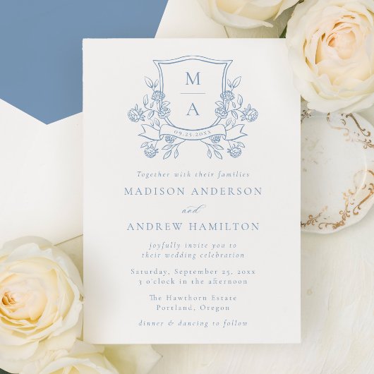 Elegant French Blue Floral Crest Monogram Wedding 招待状