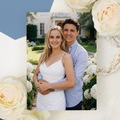 Elegant French Blue Floral Crest Photo Wedding 招待状