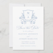 Elegant French Blue Floral Crest Wedding セーブザデート (正面)