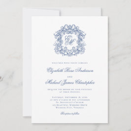 Elegant French Blue Monogram Crest Wedding 招待状