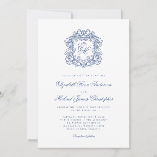Elegant French Blue Monogram Crest Wedding 招待状 (正面)