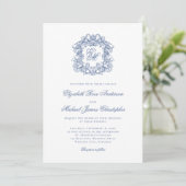 Elegant French Blue Monogram Crest Wedding 招待状 (スタンド正面)