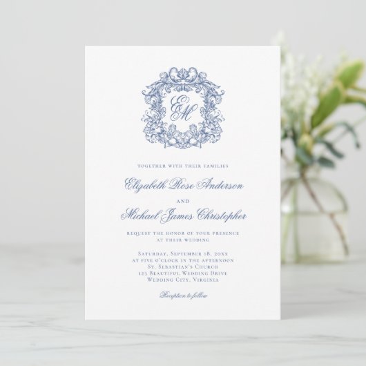 Elegant French Blue Monogram Crest Wedding 招待状 (スタンド正面)