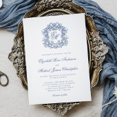 Elegant French Blue Monogram Crest Wedding 招待状