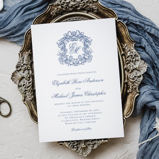 Elegant French Blue Monogram Crest Wedding 招待状