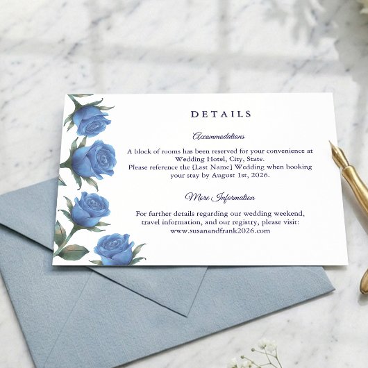 Elegant French Blue Rose Watercolor Wedding エンクロージャーカード