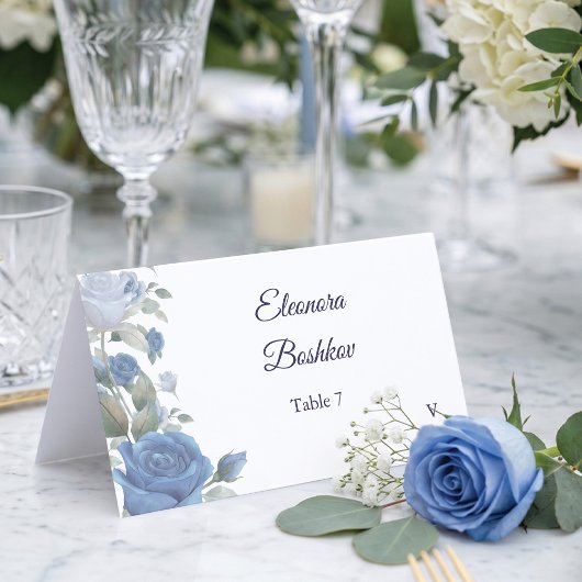 Elegant French Blue Rose Watercolor Wedding プレイスカード