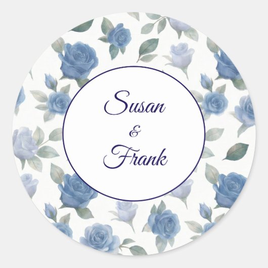 Elegant French Blue Rose Watercolor Wedding ラウンドシール (正面)