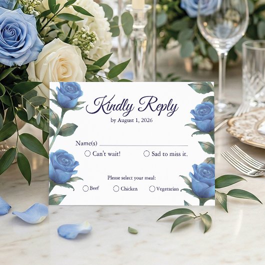 Elegant French Blue Rose Watercolor Wedding 出欠カード