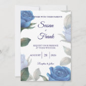 Elegant French Blue Rose Watercolor Wedding 招待状 (正面)