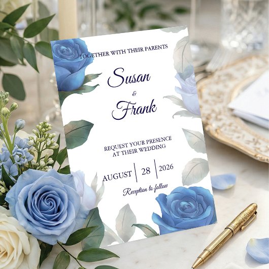 Elegant French Blue Rose Watercolor Wedding 招待状