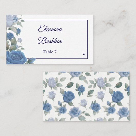 Elegant French Blue Rose Watercolor Wedding Flat プレイスカード (正面/裏面)