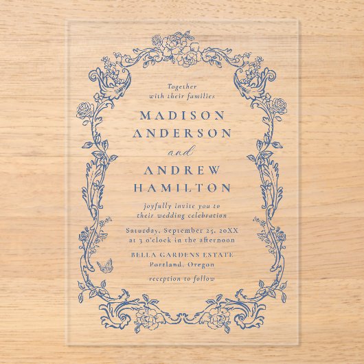 Elegant French Blue Victorian Floral Frame Wedding アクリル招待状 (正面)