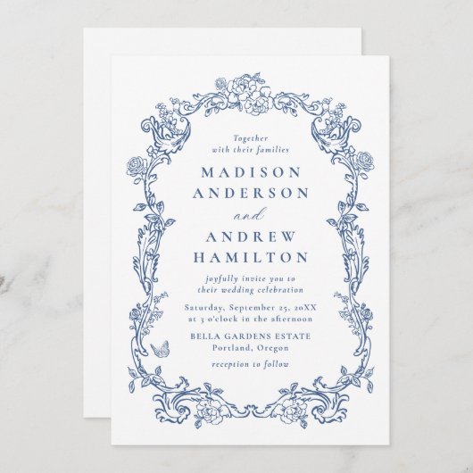 Elegant French Blue Victorian Floral Frame Wedding 招待状 (正面/裏面)