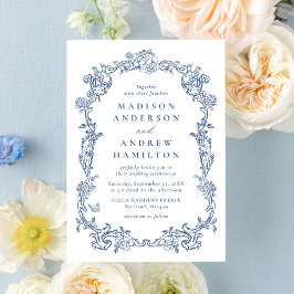 Elegant French Blue Victorian Floral Frame Wedding 招待状