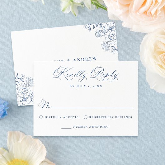 Elegant French Blue Victorian Floral Wedding 出欠カード