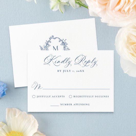 Elegant French Blue Victorian Floral Wedding 出欠カード